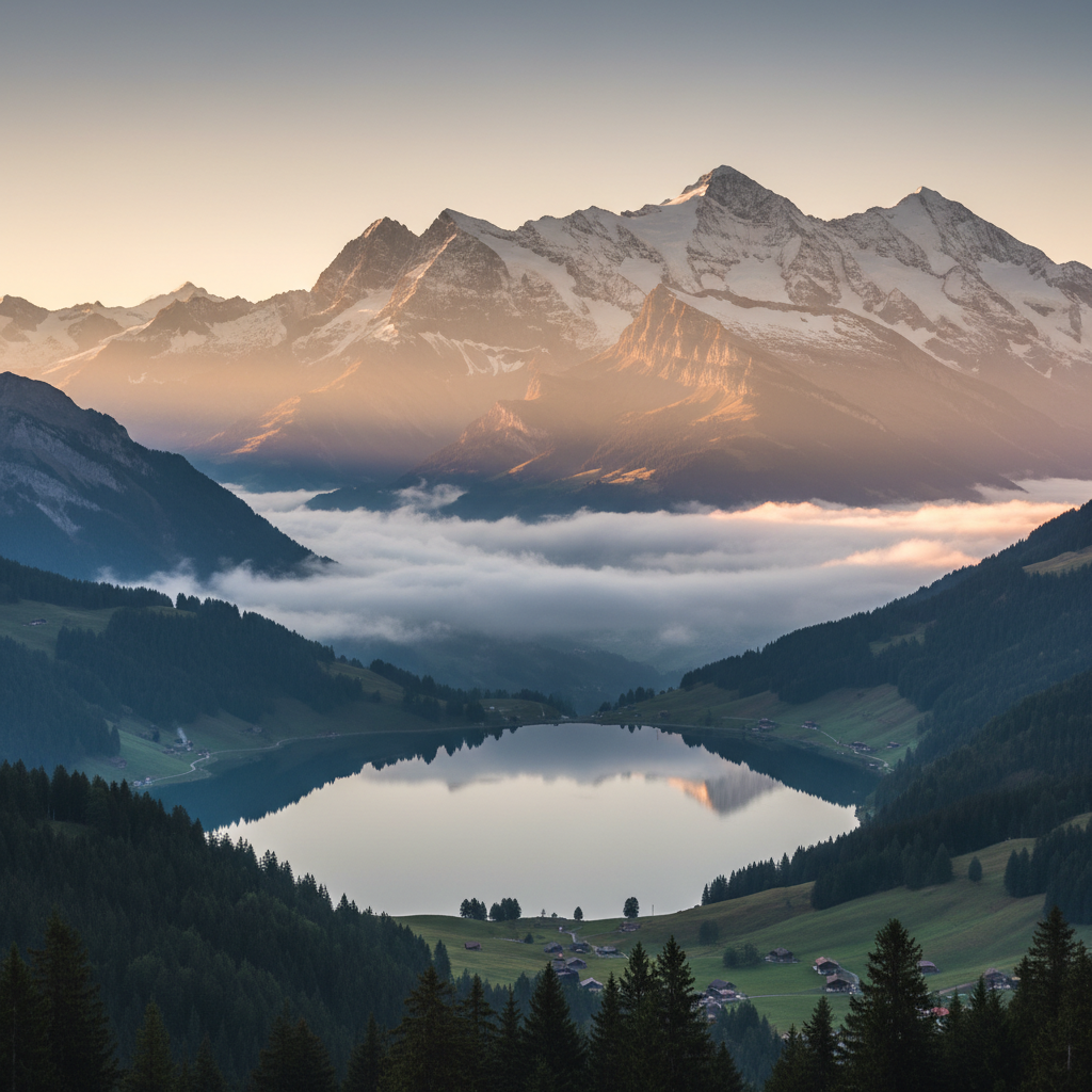 Ruhige Berglandschaft in der Schweiz bei frühem Morgenlicht, Symbol für den fundierten und beständigen Ansatz des Qajust-Portals