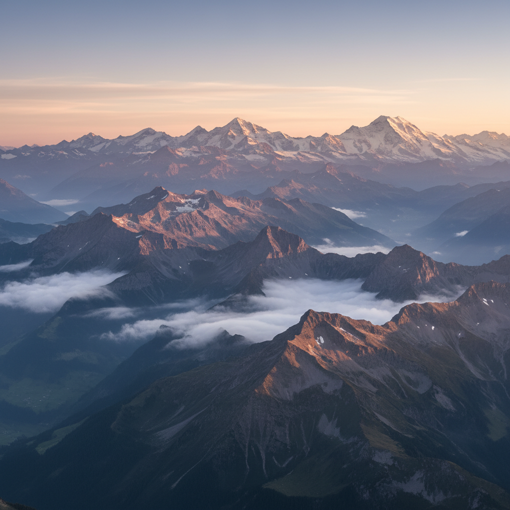Weite Berglandschaft der Schweizer Alpen im Morgendunst, symbolisiert die Tiefe und Weite des Wissensspektrums dieses Portals