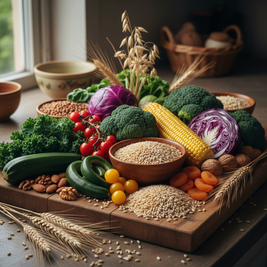 Frische Gemüse- und Getreidearrangements auf einer Holzunterlage, natürliche Lebensmittelvielfalt ohne Verpackung oder Markenprodukte