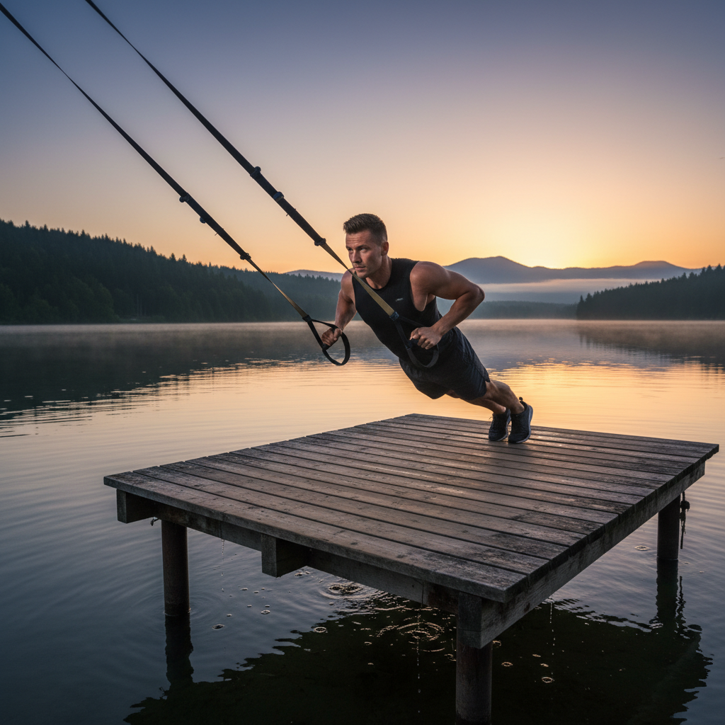 Mann beim funktionellen Körpergewichtstraining auf einem Holzsteg am See, konzentrierte Bewegung in natürlicher Umgebung
