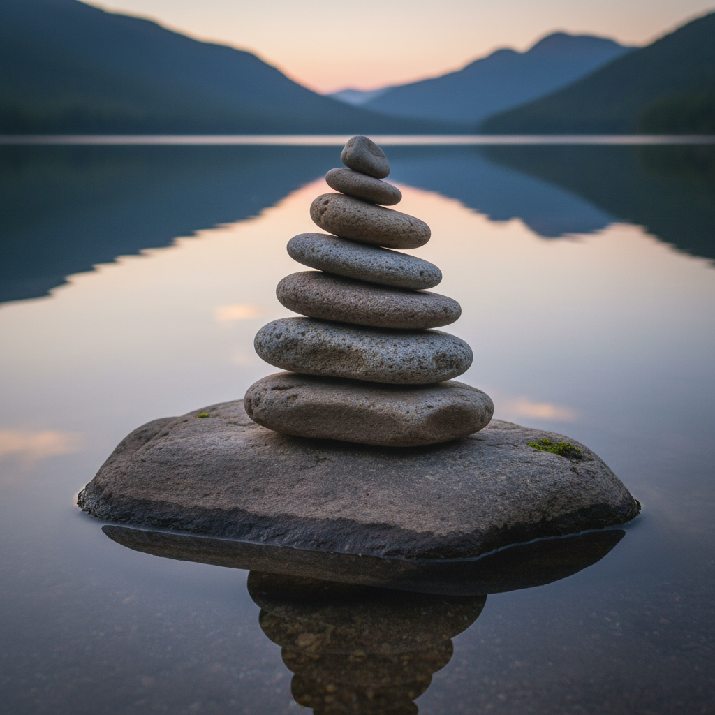 Natürliche Steinpyramide am Ufer eines ruhigen Sees, Symbol für Gleichgewicht, Geduld und bewusste Lebensführung