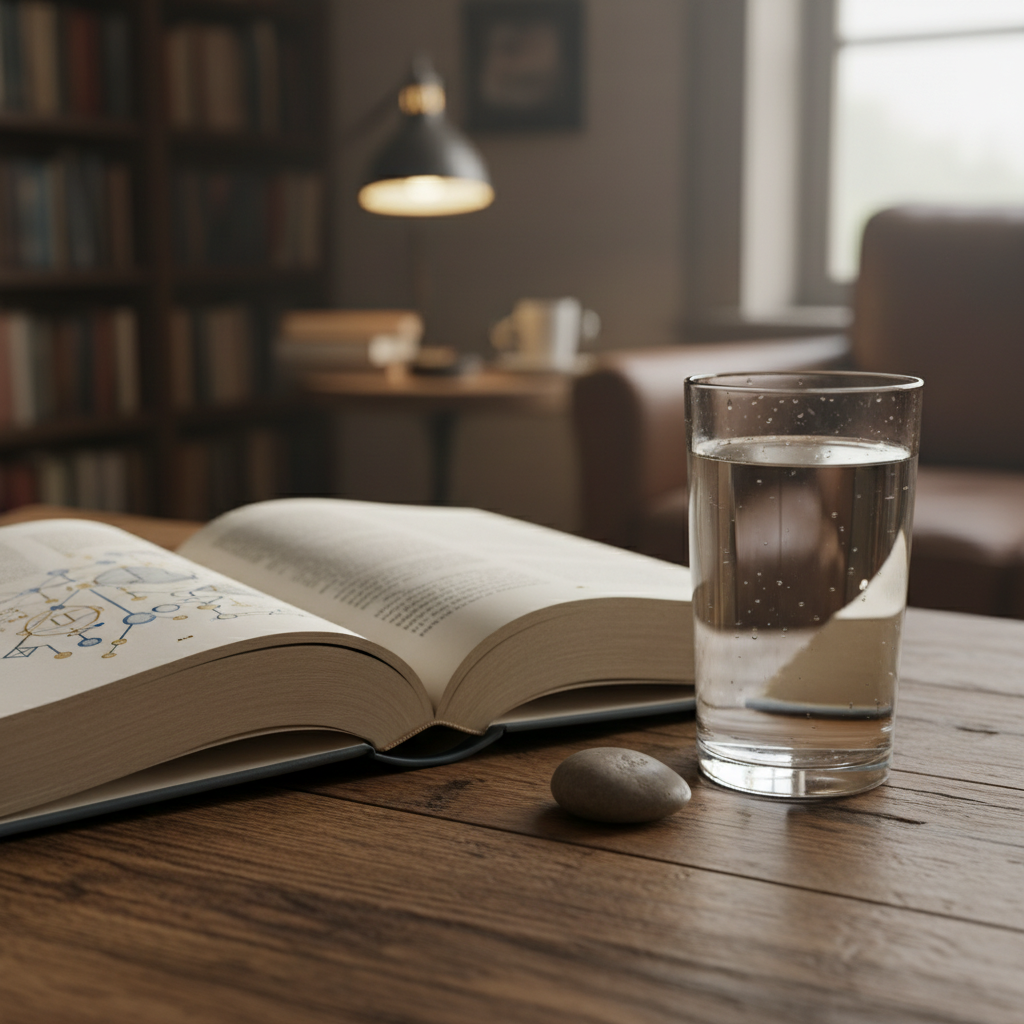 Offenes Buch auf einem Holztisch neben einem Glas Wasser, Symbol für Wissen und sachliche Auseinandersetzung