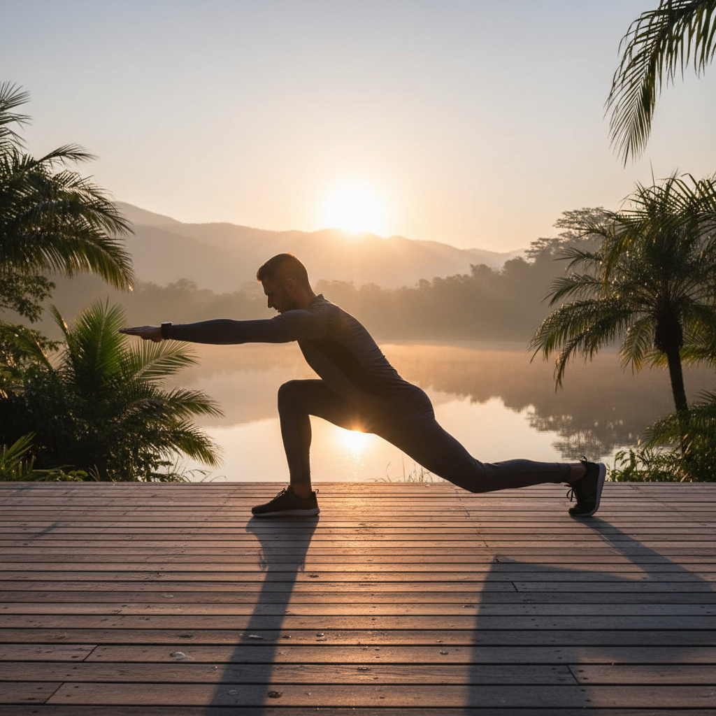 Mann in einer Dehnposition bei Sonnenaufgang auf einer Holzterrasse, ruhige und konzentrierte Körperhaltung