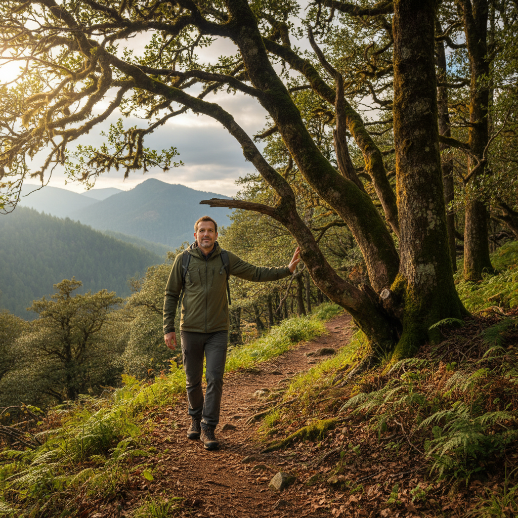 Mann beim ruhigen Wandern in einer bewaldeten Berglandschaft – Bewegung in der Natur als Teil eines bewussten Lebensstils